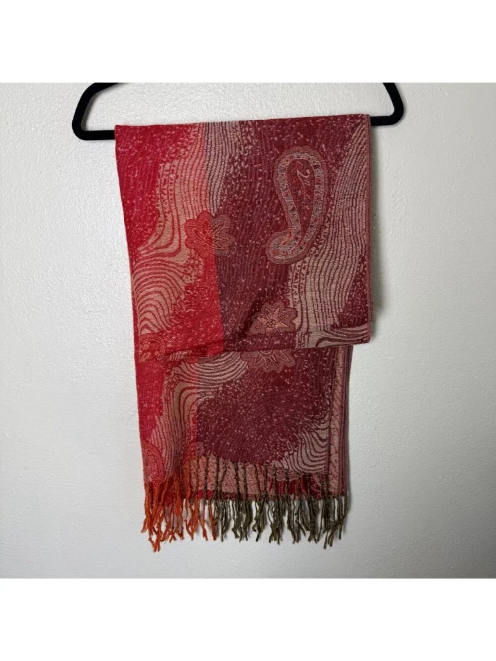 Paisley Red & Maroon 100% Pashmina Scarf With Fringe 72